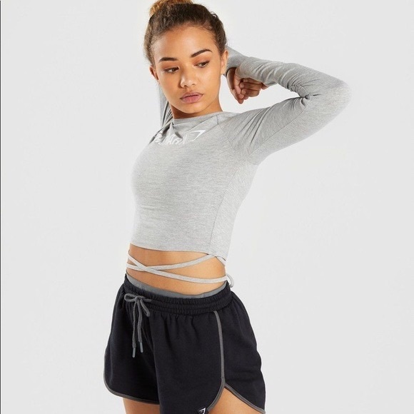 GYMSHARK long sleeve ribbon crop top. Light grey marl. Size S - Picture 1 of 5